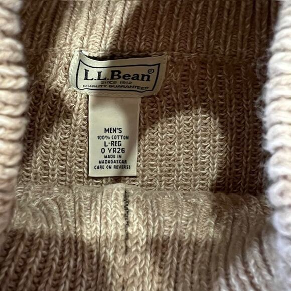 LL Bean Mock Neck Full Zip Chunky Knit Sweater Mens L Oatmeal Tan 100% Cotton - Picture 3 of 7
